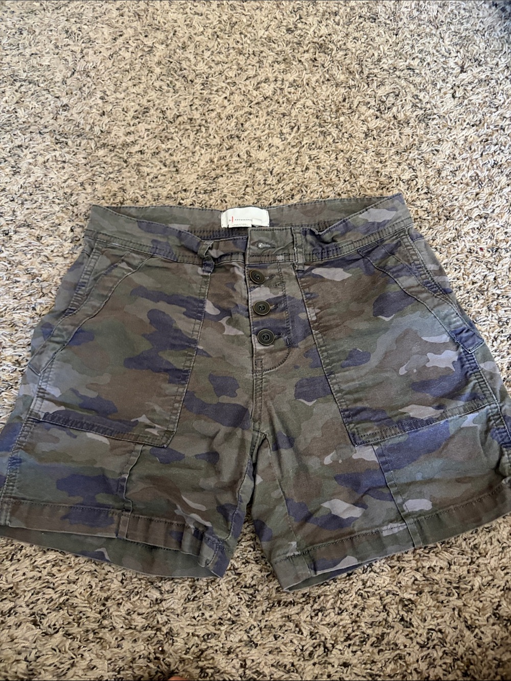 Anthropologie Camo Utility Cargo Shorts in Olive/Brown